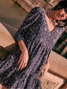 Sézane Aura Dress Ecru/Marine Eyelet FR34